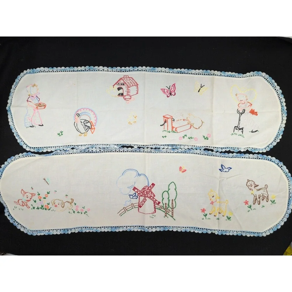Pair VTG Handmade Embroidered Table Runner Farmhouse Farm Animals Blue Crochet